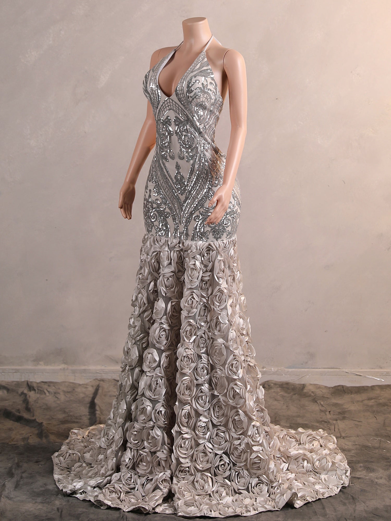 Long Mermaid Halter Flower Open Back Formal Prom Dresses-showprettydress