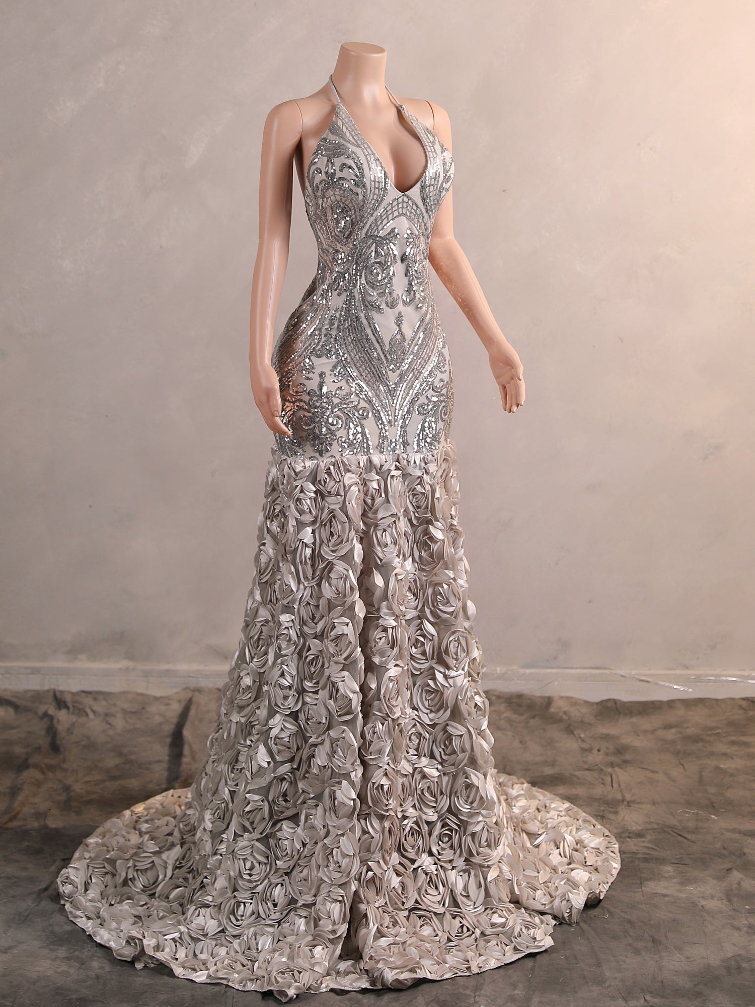 Long Mermaid Halter Flower Open Back Formal Prom Dresses-showprettydress