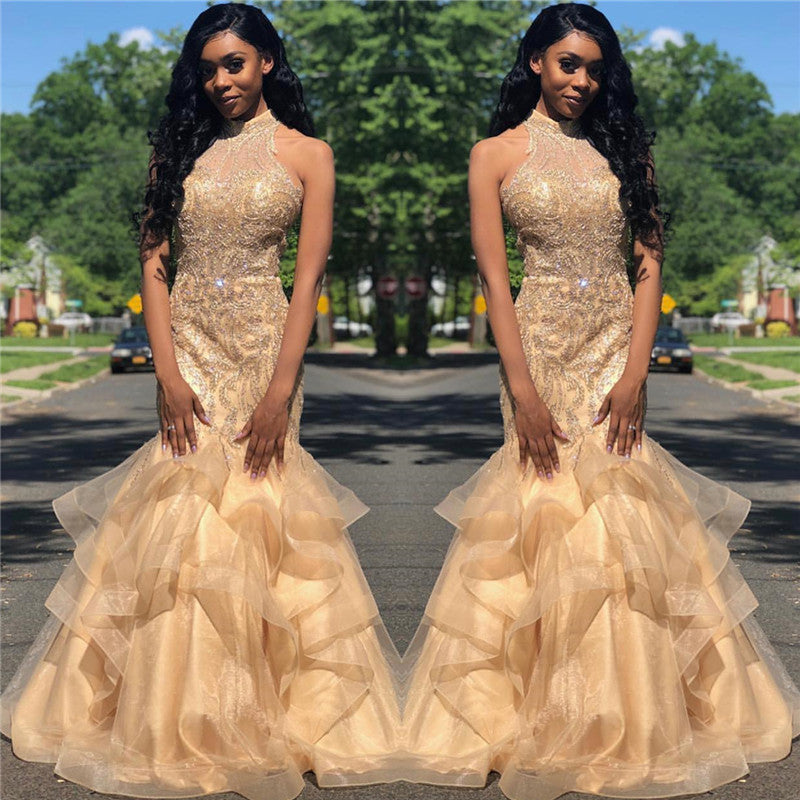 Long Mermaid High Collar Floor Length Organza Paillette Prom Dress-showprettydress