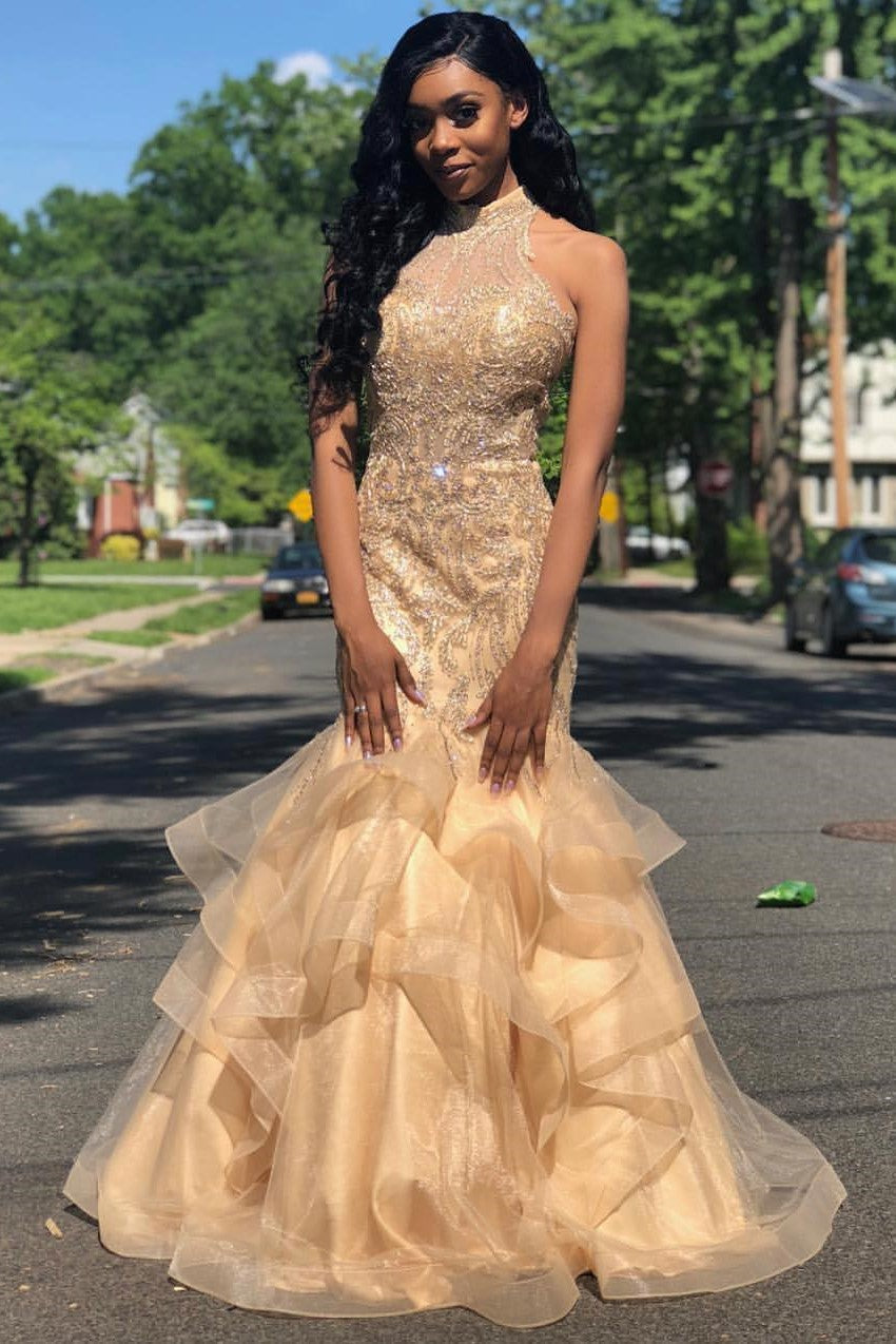 Long Mermaid High Collar Floor Length Organza Paillette Prom Dress-showprettydress