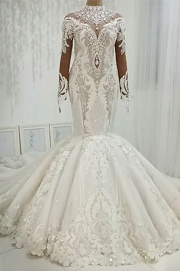 Long Mermaid High Neck Floor Length Tulle Applique Wedding Dress with Sleeves-showprettydress