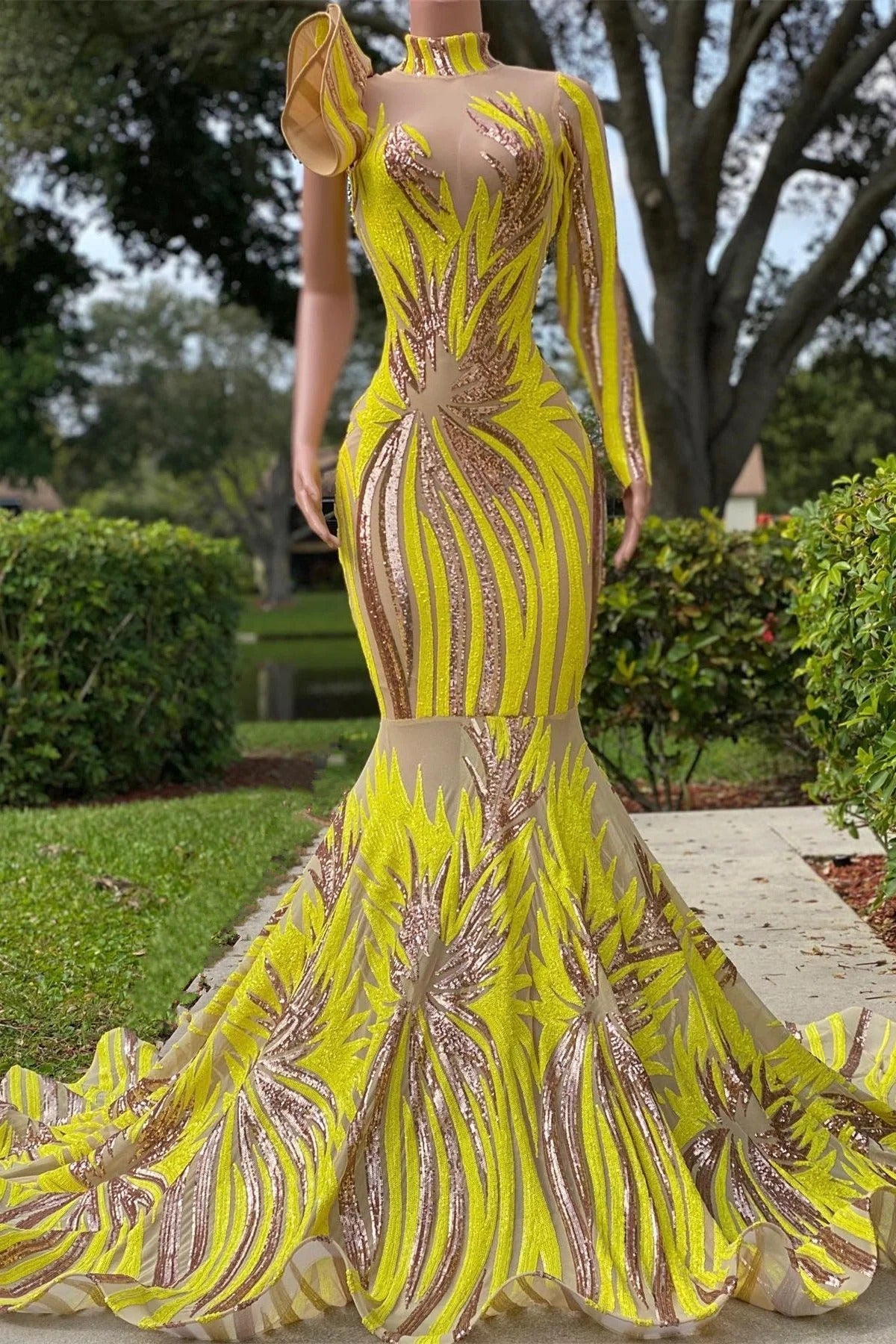 Long Mermaid High Neck One Shoulder Sequined Lace Prom Dress with Sleeves-showprettydress