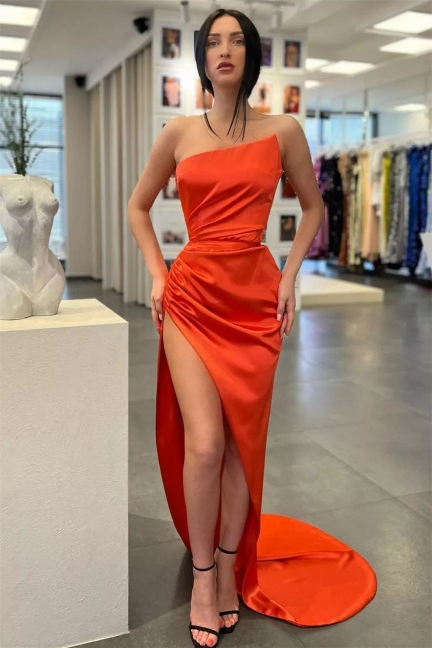 Long Mermaid High Split Strapless Asymmetrical Floor-length Sleeveless Prom Dress-showprettydress