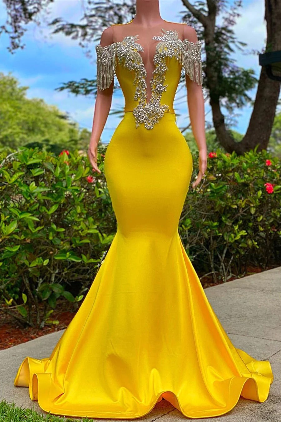 Long Mermaid Jewel Beading Applique Sleeveless Open Back Prom Dress-showprettydress