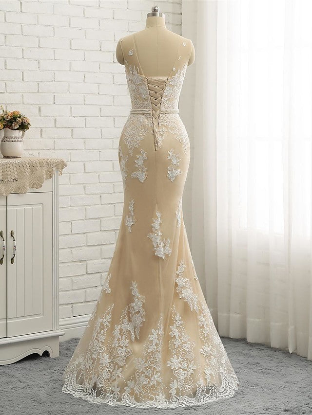 Long Mermaid Jewel Neck Chapel Train Tulle Lace Wedding Dresses-showprettydress