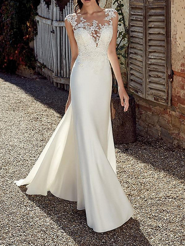 Long Mermaid Jewel Neck Sweep Brush Train Chiffon Wedding Dresses-showprettydress