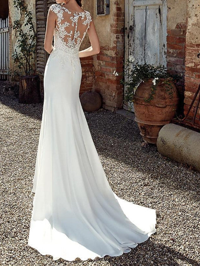 Long Mermaid Jewel Neck Sweep Brush Train Chiffon Wedding Dresses-showprettydress