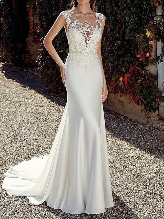 Long Mermaid Jewel Neck Sweep Brush Train Chiffon Wedding Dresses-showprettydress