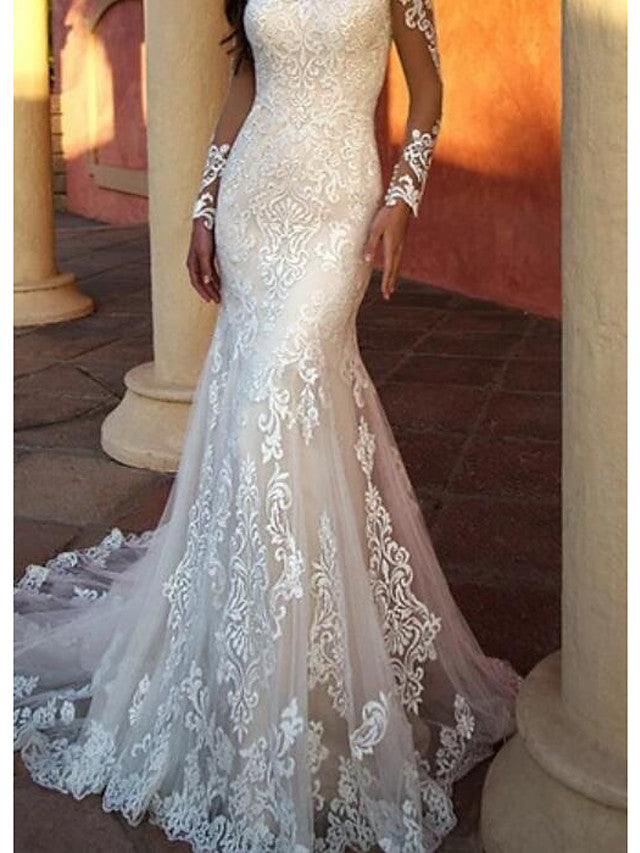 Long Mermaid Jewel Neck Sweep Brush Train Lace Tulle Wedding Dresses with Sleeves-showprettydress