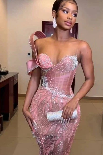 Long Mermaid Jewel One Shoulder Sleeveless Appliques Lace Sequined Prom Dress-showprettydress