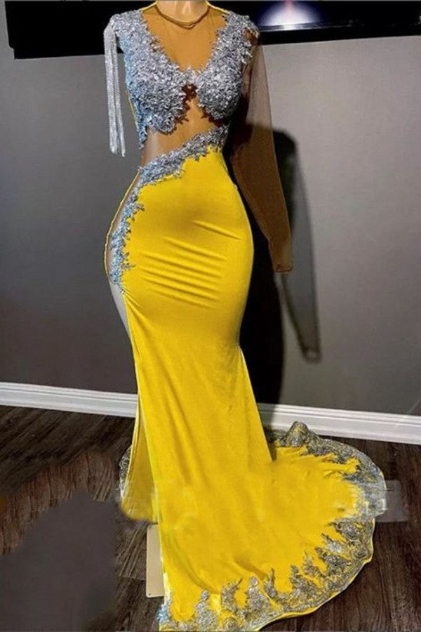 Lace Appliques Yellow Mermaid Long Prom Dress with Slit main image 0