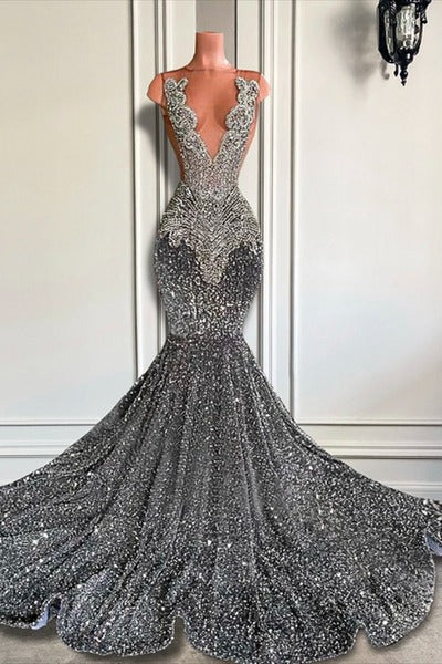 Long Mermaid Jewel Sequined Floor-length Sleeveless Appliques Lace Prom Dress-showprettydress