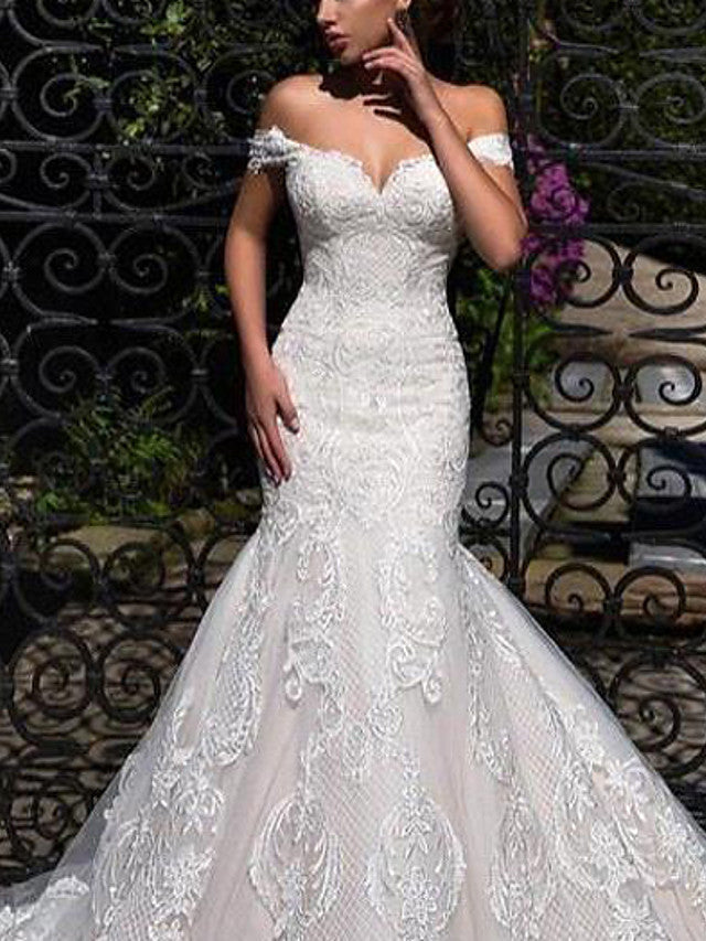 Long Mermaid Off the Shoulder Lace Tulle Wedding Dresses-showprettydress