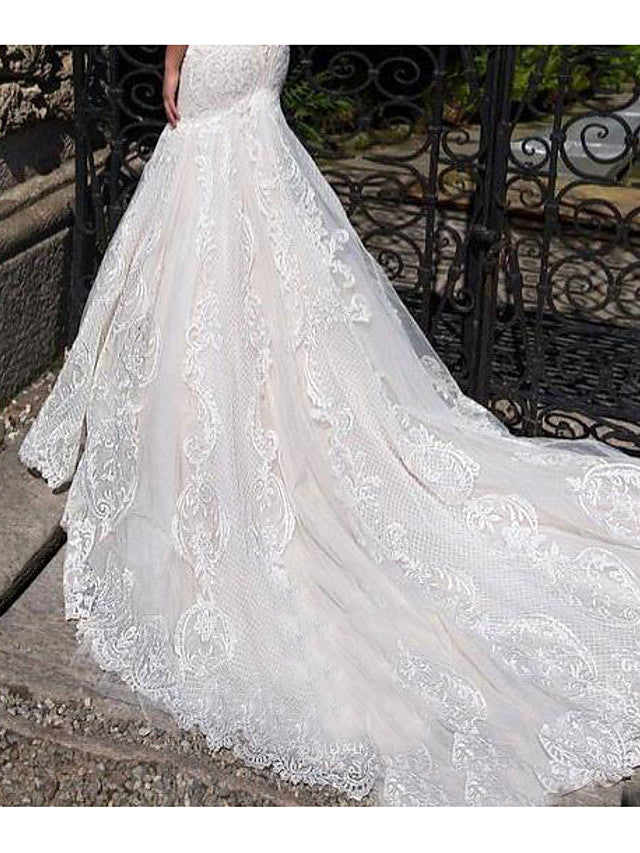 Long Mermaid Off the Shoulder Lace Tulle Wedding Dresses-showprettydress