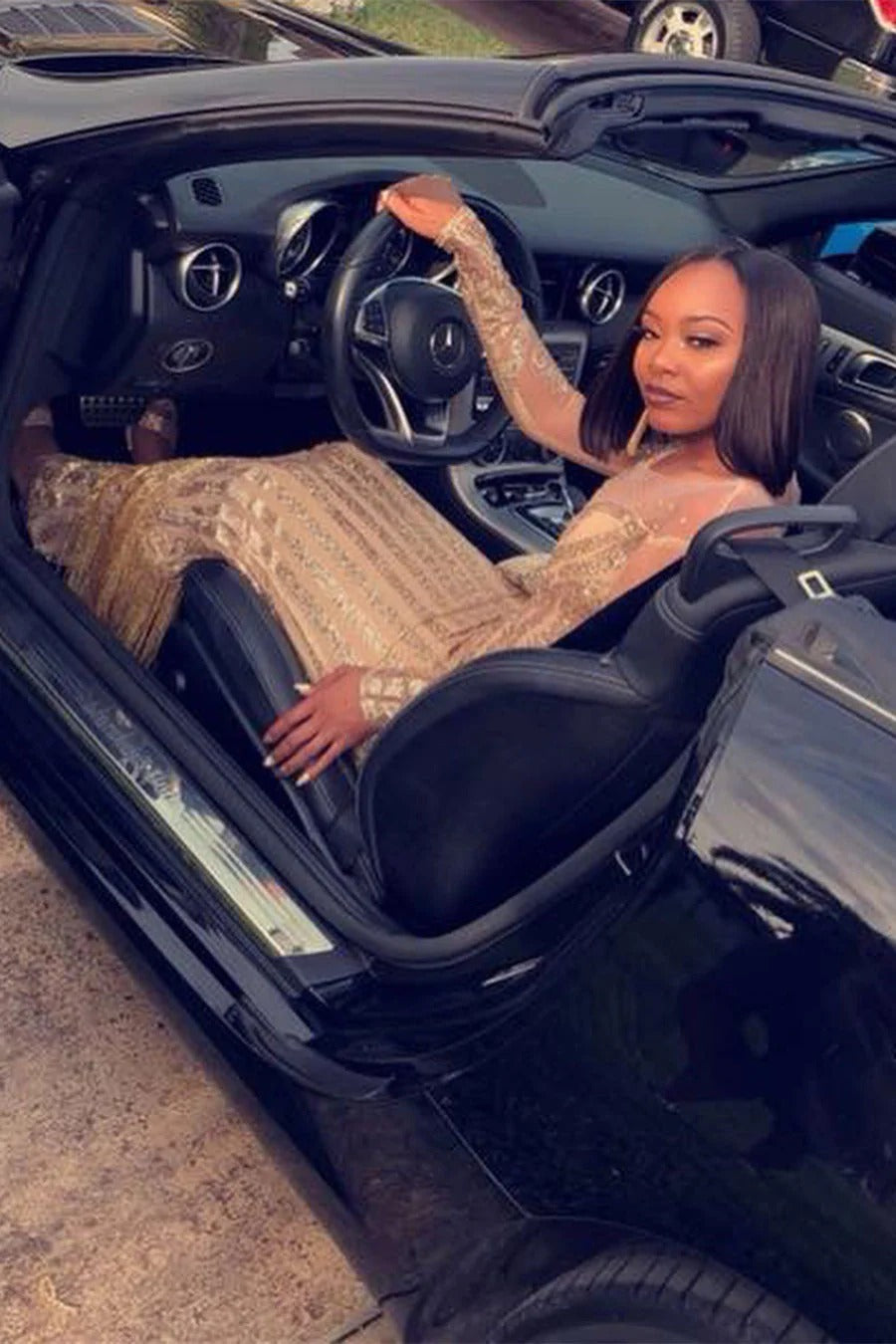 Long Mermaid Round Lace Sequined Beaded Floor-length Prom Dress with Sleeves-showprettydress