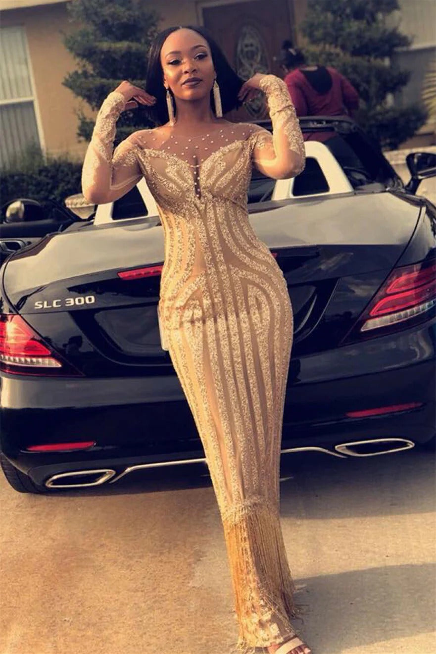 Long Mermaid Round Lace Sequined Beaded Floor-length Prom Dress with Sleeves-showprettydress