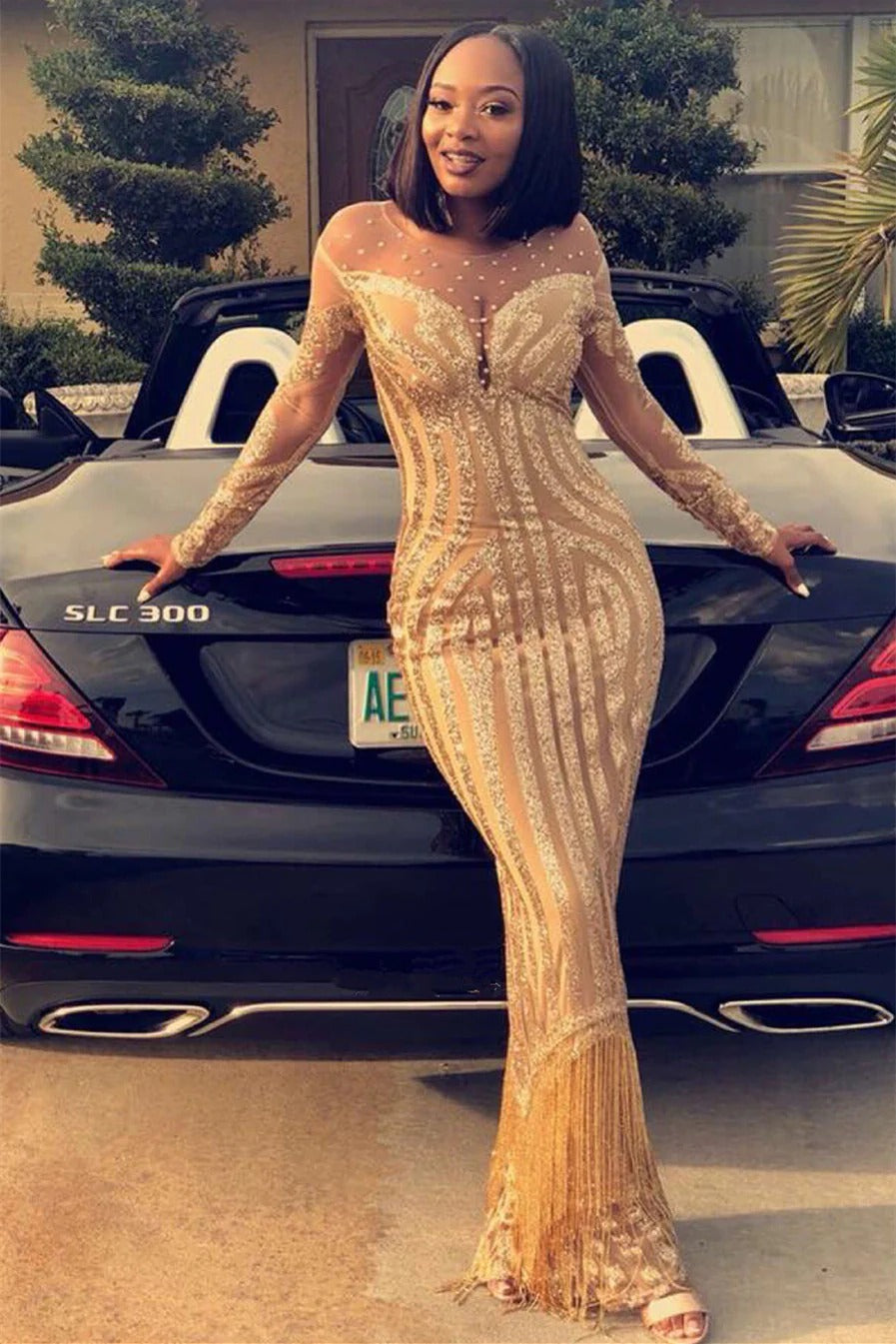 Long Mermaid Round Lace Sequined Beaded Floor-length Prom Dress with Sleeves-showprettydress