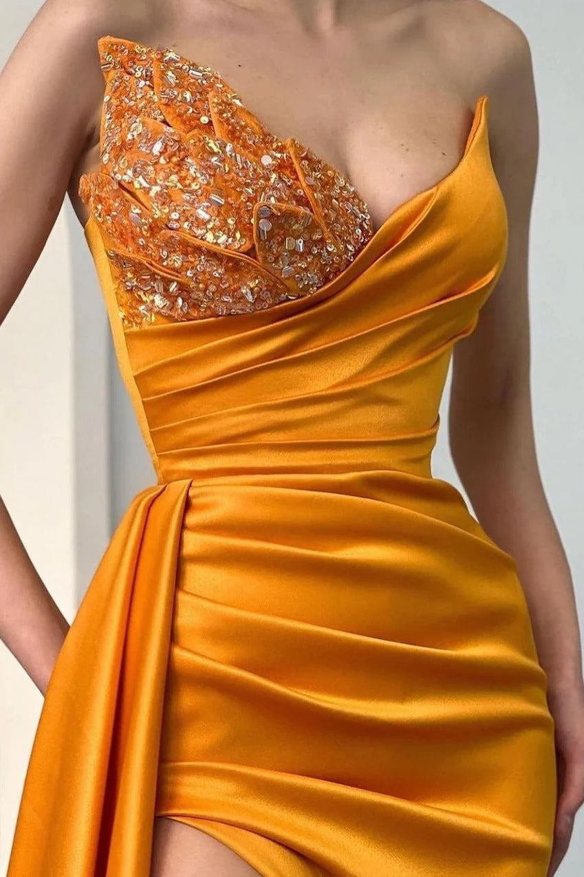 Long Mermaid Sweetheart Orange Half-beaded Satin Front Slit Prom Dress With Half Train-showprettydress