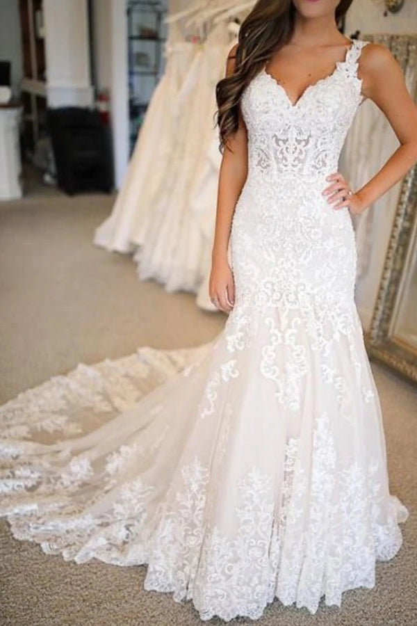 Long Mermaid Sweetheart Wedding Dresses With Appliques Lace-showprettydress