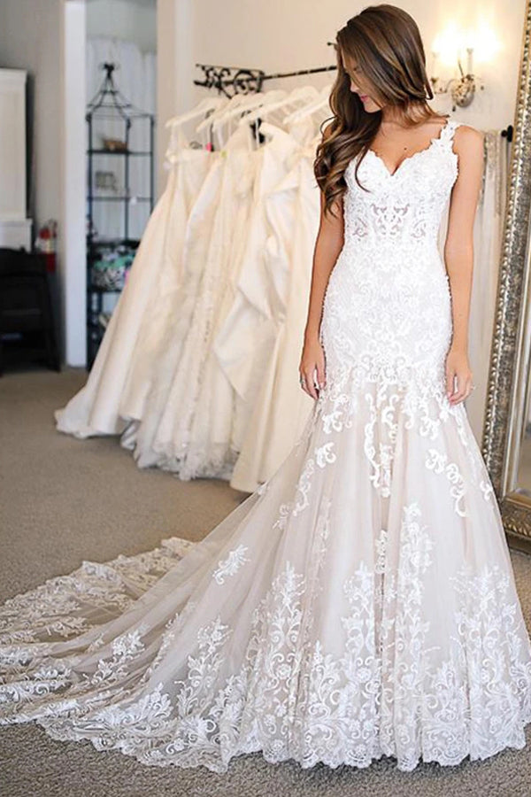 Long Mermaid Sweetheart Wedding Dresses With Appliques Lace-showprettydress