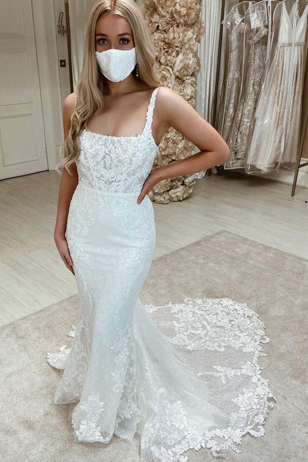 Long Mermaid Tulle Sleeveless Backless Wedding Dresses with Appliques Lace-showprettydress