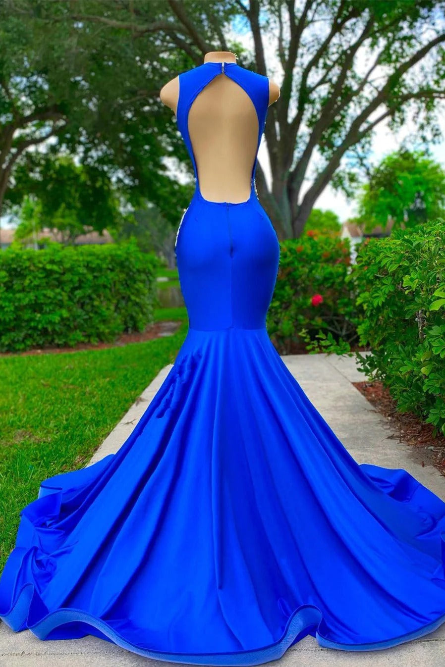 Long Mermaid V-neck Appliques Lace Sequined Open Back Sleeveless Prom Dress-showprettydress