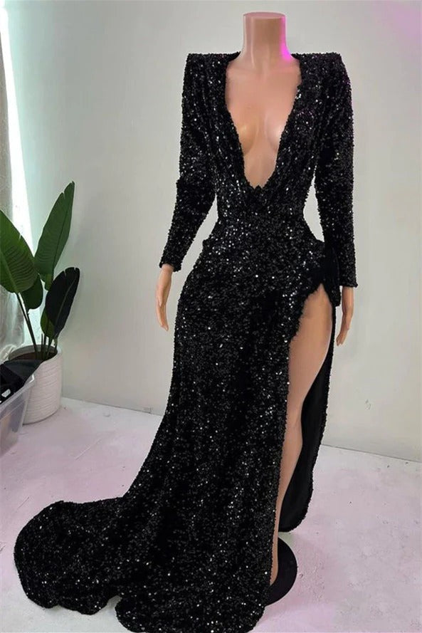 Long Mermaid V-neck High Split Sequined Prom Dresses with Sleeves