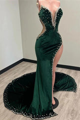 Long Mermaid V-neck Spaghetti Strap Beaded Velvet Prom Dress with Slit-showprettydress
