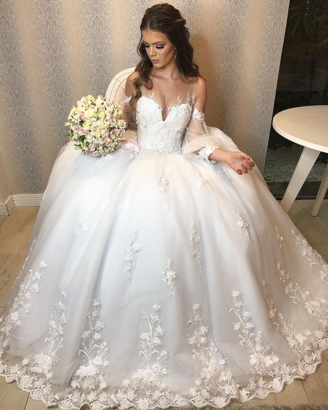 Long Princess Off-the-shoulder Tulle Wedding Dress with Bubble Sleeves-showprettydress