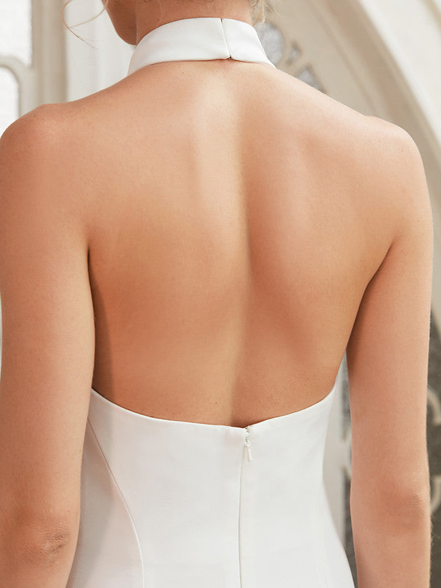 Long Sheath Halter Neck Chiffon Satin Backless Wedding Dresses-showprettydress