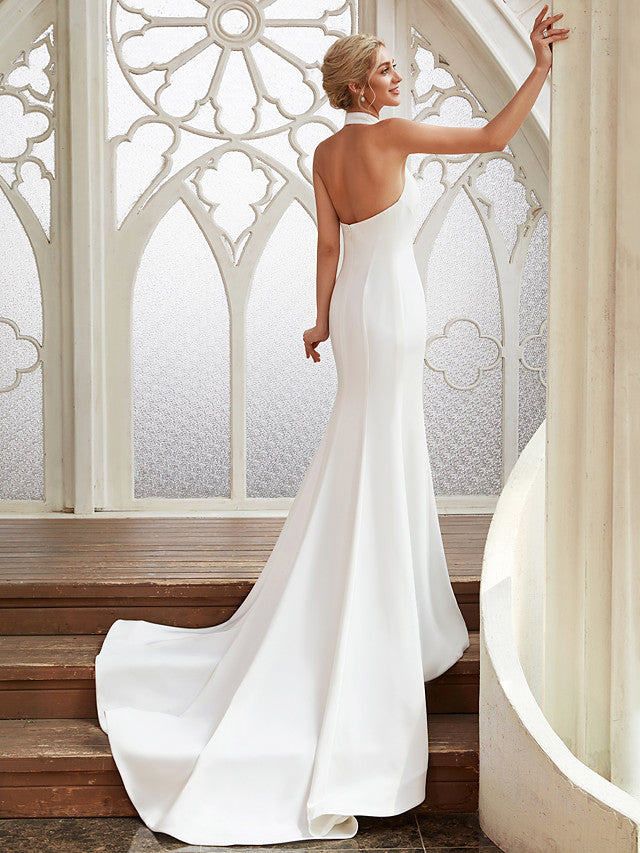 Long Sheath Halter Neck Chiffon Satin Backless Wedding Dresses-showprettydress