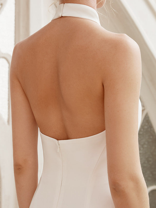 Long Sheath Halter Neck Chiffon Satin Backless Wedding Dresses-showprettydress