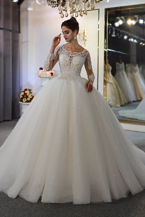 Long Sleeve A-Line Bateau Appliques Lace Sequins Wedding Dress-showprettydress