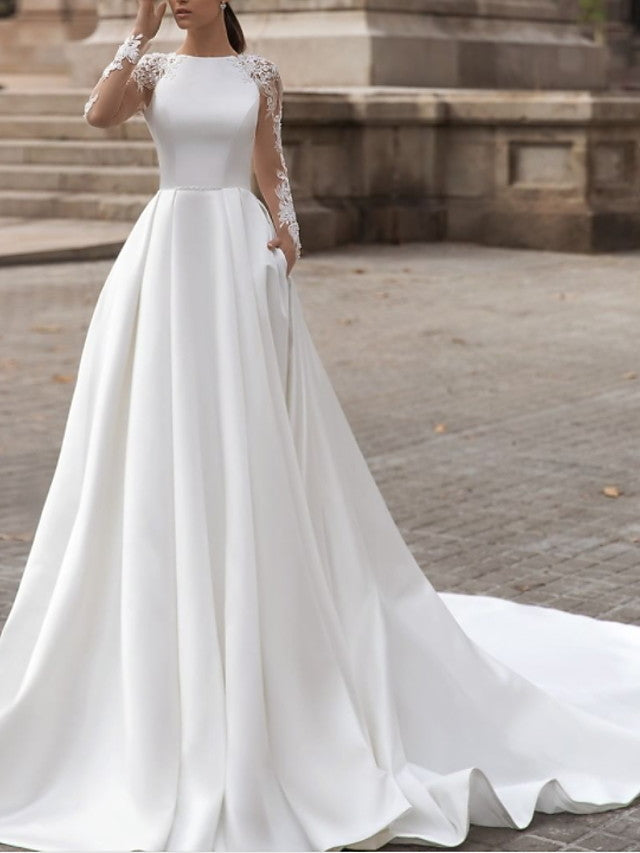 Long Sleeve A-Line Jewel Neck Sweep Brush Train Lace Satin Wedding Dre Long Sleeve A-Line Jewel Neck Sweep Brush Train Lace Satin Wedding Dre