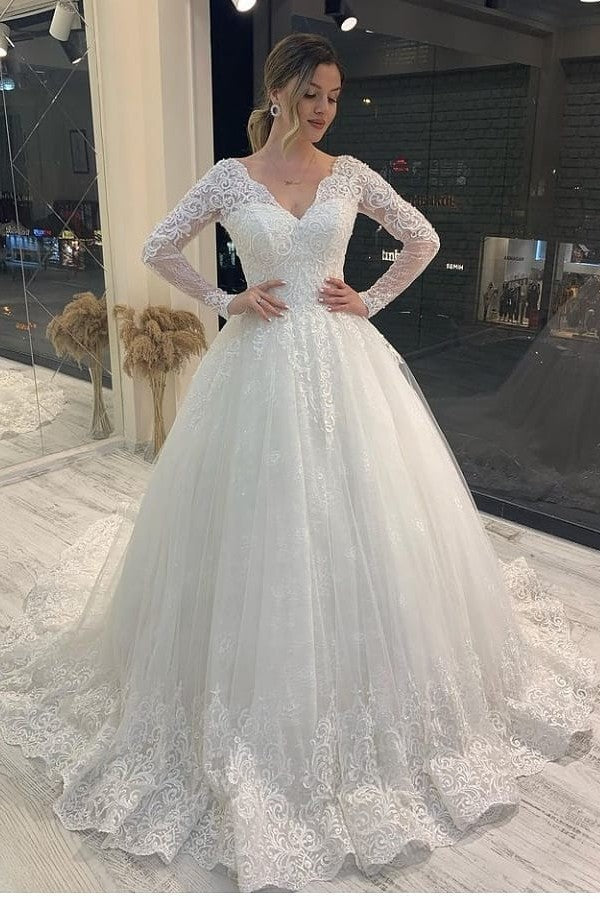 Long Sleeve A-Line V-neck Appliques Lace Backless Tulle Wedding Dress-showprettydress