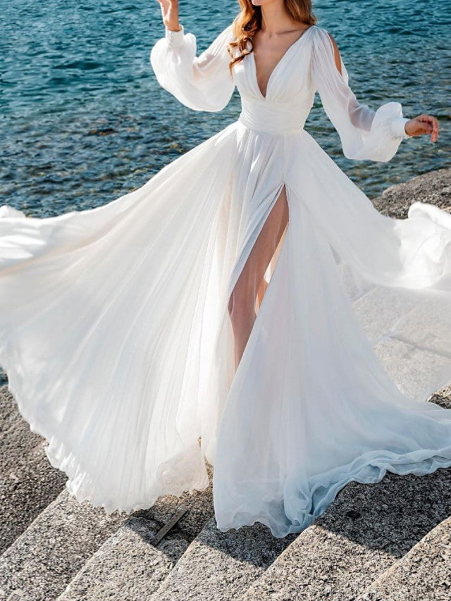 Long Sleeves A-Line V Neck Sweep Brush Train Chiffon Wedding Dresses w Long Sleeves A-Line V Neck Sweep Brush Train Chiffon Wedding Dresses w