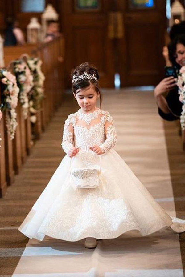 Long Sleeves Ball Gown Tulle Flower Girls Dresses With Bow-showprettydress