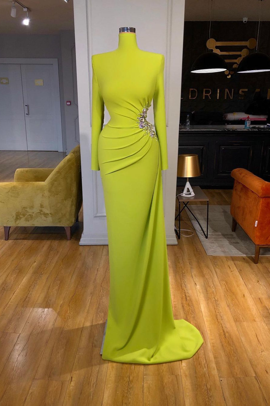Long Sleeves Mermaid High Neck Metallic Beaded Prom Dress Long Evening