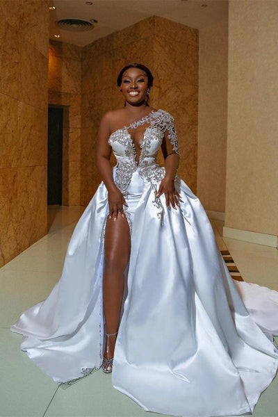 Long Sleeves Mermaid One Shoulder Satin Open Back Appliques Lace Wedding Dresses with Slit-showprettydress