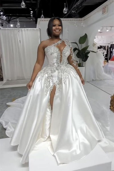 Long Sleeves Mermaid One Shoulder Satin Open Back Appliques Lace Wedding Dresses with Slit-showprettydress