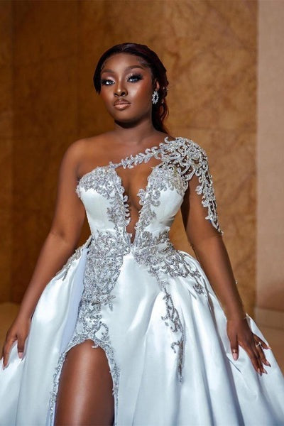 Long Sleeves Mermaid One Shoulder Satin Open Back Appliques Lace Wedding Dresses with Slit-showprettydress