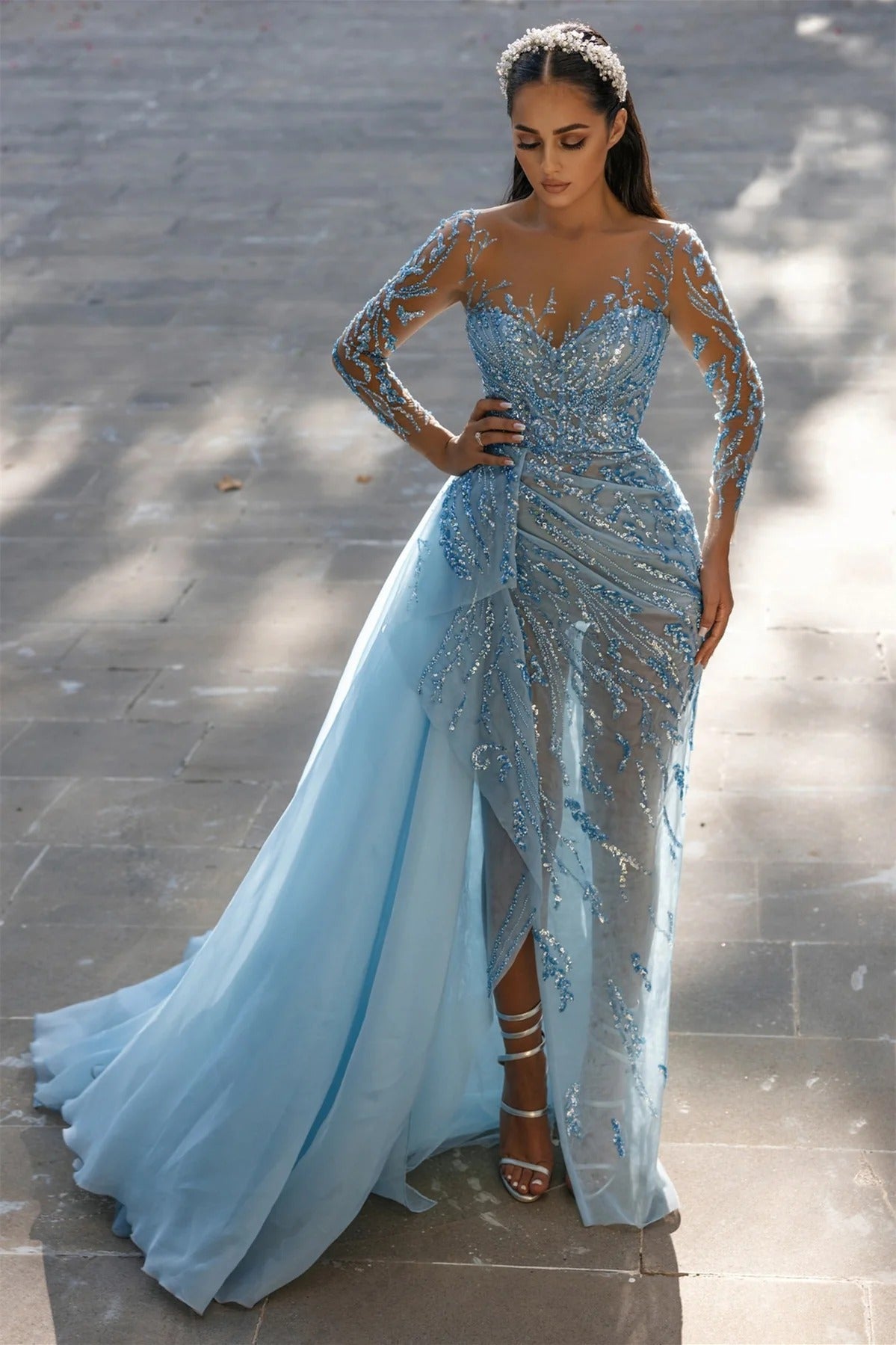 long sleeve prom dress with train Long Sleeves Mermaid Strapless Sweetheart Appliques Lace High Split Pr