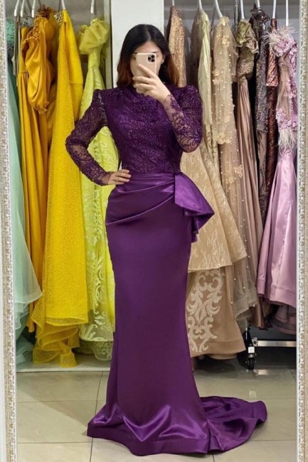 Long Sleeves Purple Mermaid Evening Gown with Lace Appliques-showprettydress
