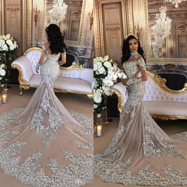 Long Sleeves Silver High Neck Popular Evening Dress Lace Mermaid Luxurious Wedding Dresses-showprettydress