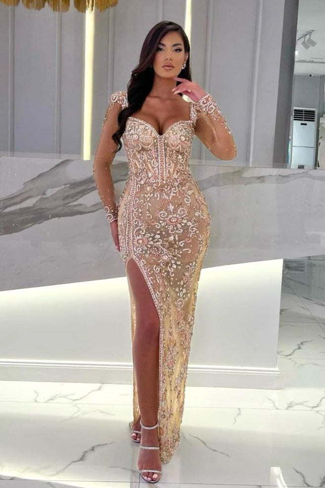 Long sleeves Sparkle Beaded Mermaid High Split Sweetheart Overskirt Prom Dresses-showprettydress