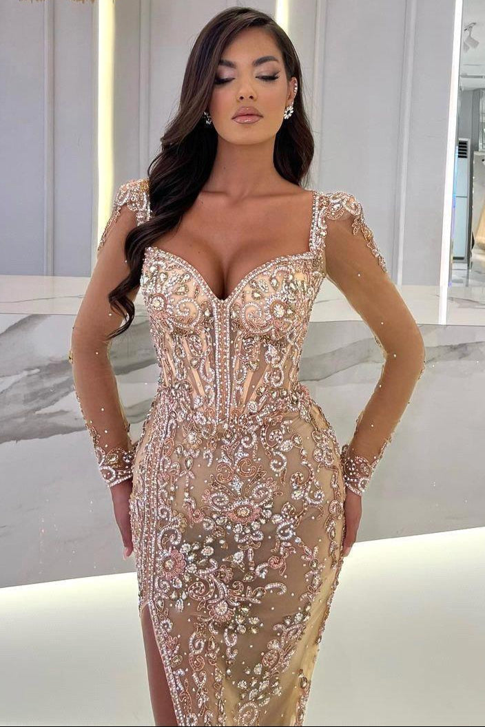 Long sleeves Sparkle Beaded Mermaid High Split Sweetheart Overskirt Prom Dresses-showprettydress