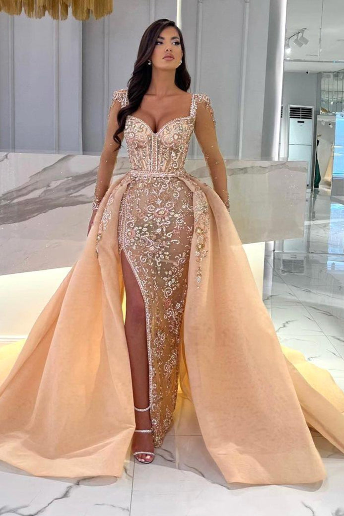 Long sleeves Sparkle Beaded Mermaid High Split Sweetheart Overskirt Prom Dresses-showprettydress