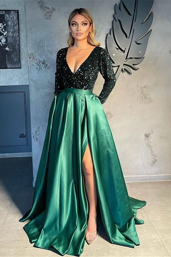 Long Sleeves V-Neck Sequins Prom Dress Long With Slit Online-showprettydress