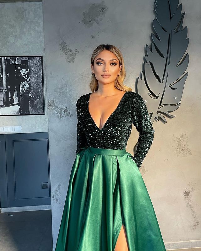 Long Sleeves V-Neck Sequins Prom Dress Long With Slit Online-showprettydress