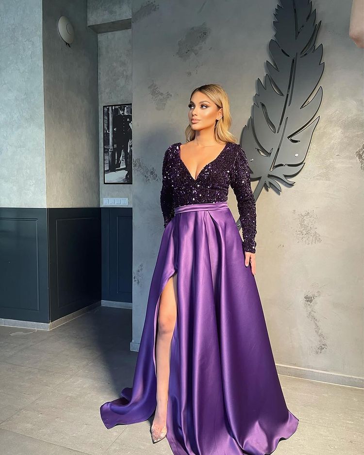 Long Sleeves V-Neck Sequins Prom Dress Long With Slit Online-showprettydress
